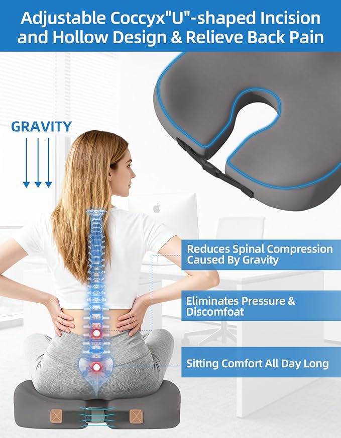 Extra-Dense Seat Cushion for tailbone pain relief ，Ergonomic seat cushions for office chairs，sciatica pain relief pillow , pressure relief Seat Cushion, office chair cushion，car seat cushion-Grey