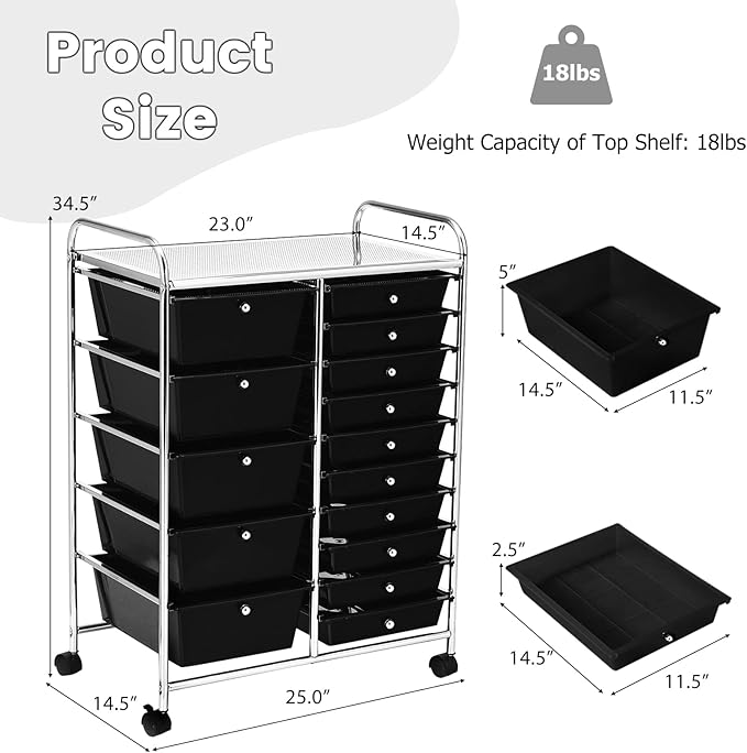 COSTWAY 15 Drawer Rolling Storage Cart, Multipurpose Mobile Storage Organizer w/Removable Drawers & Metal Frame, Utility Tools Paper Organizer on Wheels for Home, Office (Black)