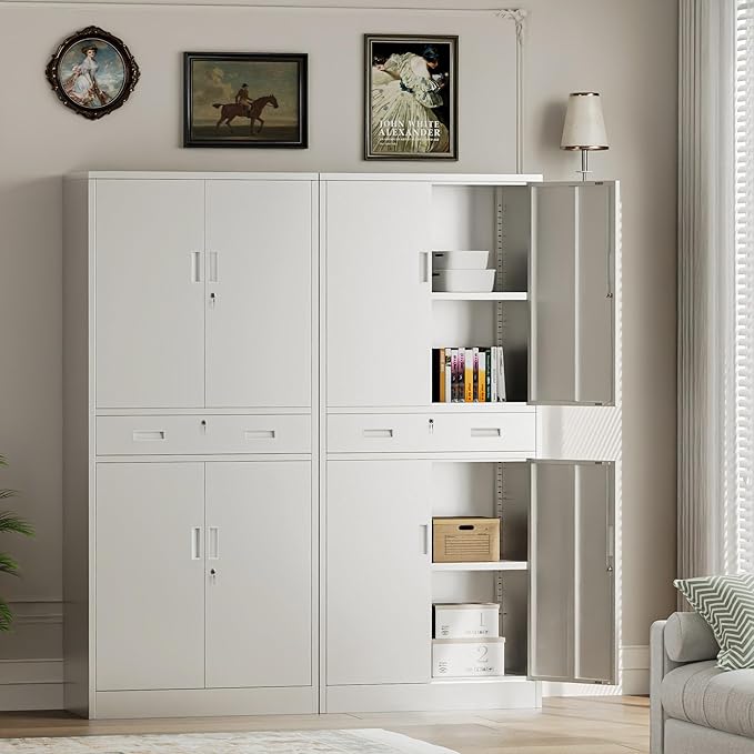 TaskStorz Metal Storage with 1 Drawer, 71" Cabinet with 4 Locking Doors and 2 Adjustable Shelves, Steel Storage File Cabinet for Pantry, Kitchen, Office, Garage (White)
