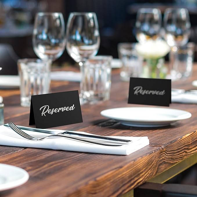 10 Pack Black Reserved Table Signs for Wedding - 3x4 Cardstock Silver Foil Reserved Seating Signs for Weddings - Double Sided Reserved Signs for Tables - Restaurant Table Tent Reservation Cards