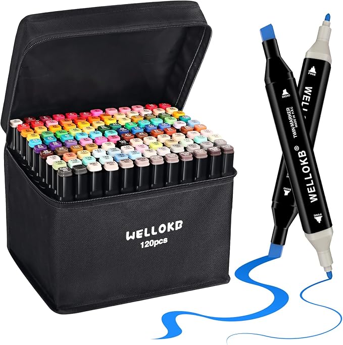 WELLOKB Alcohol Markers Set, 120 colors Alcohol Based Dual Tip, Broad and Fine Tip for Adult Coloring Books, Drawing, Sketching