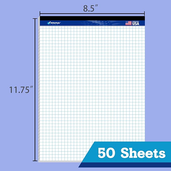 WritePads Legal note pads Legal Pad Quad Ruled Note Pads, Graph Ruled 8.5x11 inch Legal Pad, Quad (4x4) Paper Writing Pads, White 12 pads, BL-MWT50Q-12, Made In The USA.