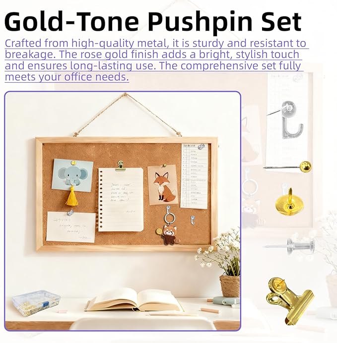 505 Pcs Push Pins Set 5 Style Thumb Tacks Decorative Push Pins Gold Metal Thumb Tacks for Cork Board Map Office Accessories with Metal Binder Paper Clips