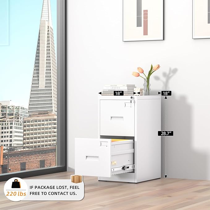 INTERGREAT 2 Drawer File Cabinet, White Metal Filing Cabinet with Lock, Lockable Vertical File Office Cabinet for Hanging Letters/Legal/A4, Assembly Required
