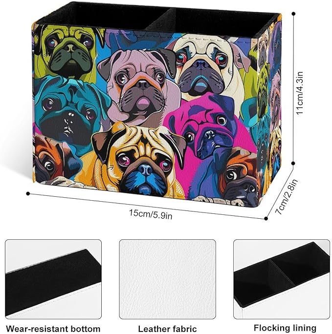 Famame Colorful Pug Dogs Funny Puppy Pencil Holder for Desk, Leather Desktop Container Pen Cup Storage Study Table Pen Organizer Makeup Brushes Holder for Office Home