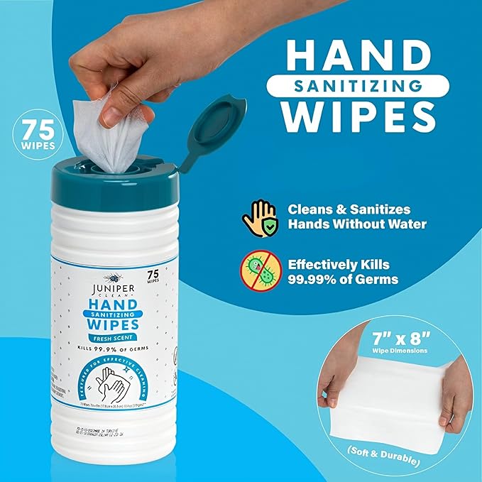 Juniper CLEAN, 4 Pack Hand Sanitizing Wipes, 300 Count Canister Disposable Hand Sanitizer Wipes, Fresh Scent, Lint Free & Durable