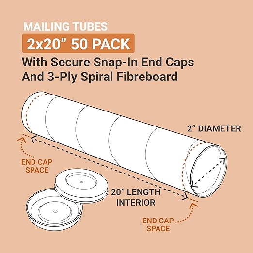 AVIDITI Cardboard Tubes with Caps, 20"L x 2"W x 2"H, Pack of 50 | Poster Tube for Mailing and Storage of Blueprints, Artwork, Crafts, Long Art Holder, 20 inches