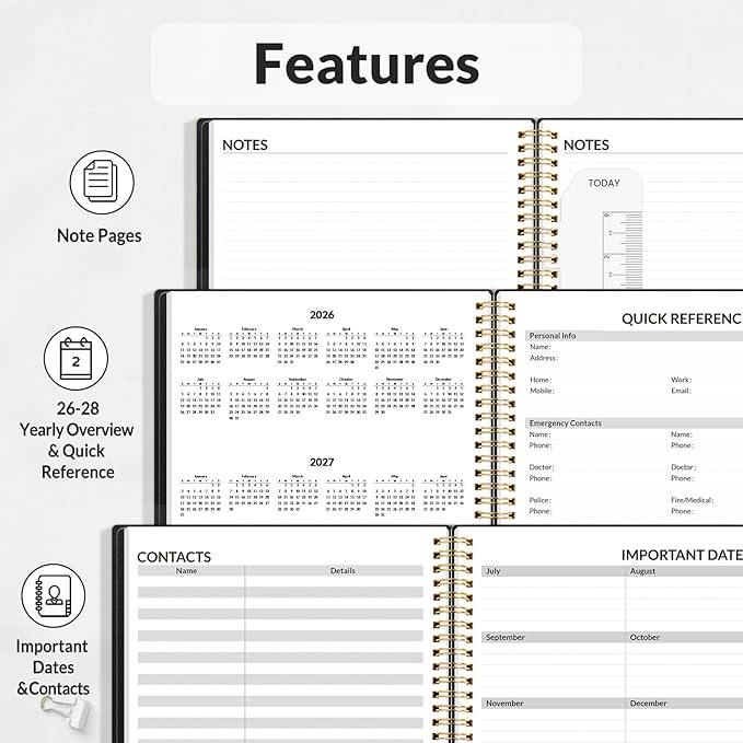 SUNEE 2026 Weekly and Monthly Planner - from January 2026 - December 2026, Daily Agenda Planner with Monthly Tab, Flexible Cover, Note Pages, Pockets, Bookmark, Spiral Binding, Black, 8.5"x11"