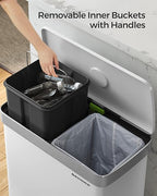 SONGMICS Kitchen Trash Can, 16 Gallon (2 x 8 Gallon) Dual Compartment Garbage Can, 60L Pedal Recycling Bin, Stays Open and Soft Close, Stainless Steel, 15 Bags Included, Cloud White ULTB202W01