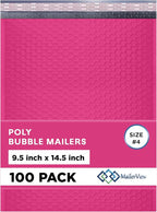 Hot Pink Large Poly Bubble Mailers 9.5x14.5 inch #4 | Self Seal Padded Envelopes Cushioned Bubble Mailer | Usable Size 9.5x13.5 | WaterProof | Lightweight mailing Shipping Bags | 100 Pack Bulk