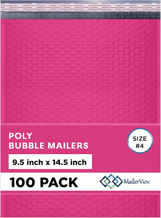 Hot Pink Large Poly Bubble Mailers 9.5x14.5 inch #4 | Self Seal Padded Envelopes Cushioned Bubble Mailer | Usable Size 9.5x13.5 | WaterProof | Lightweight mailing Shipping Bags | 100 Pack Bulk