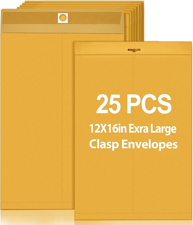Motipuns 25 Pcs Manilla Envelopes 12 x 16 Inch Large Clasp Envelope Catalog Envelopes with Clasp Closure for Mailing Thick Documents Home, Business, Legal or School Storing Mailing (Golden)