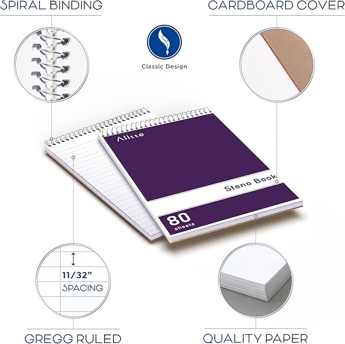 Alitte Steno Pads Spiral 6x9-12 Pack Assorted Bright Colors - Perfect for Work, School, and Home Use, Easy Tear-Off Pages, Gregg ruled, White Paper - No Ink Bleeds - 80 Sheets