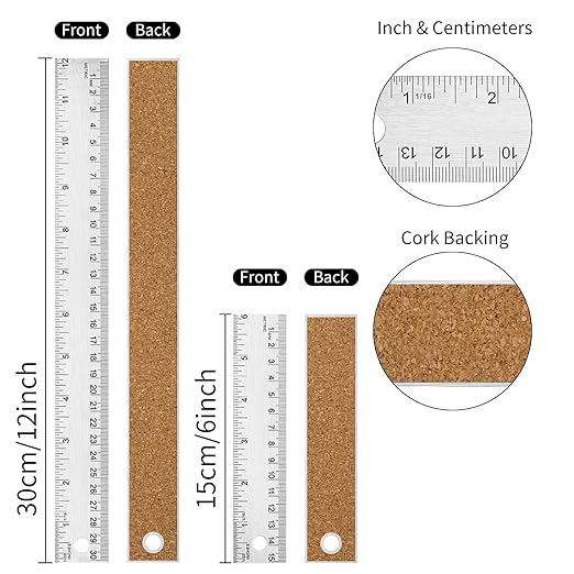 Metal Ruler with Cork Backing, Stainless Steel Rulers 6 Inch 12 Inch Metal Ruler Imperial and Metric Ruler Non-Slip Prevent Ink Leakage for School Office Engineering Tools (6+12 Inch)