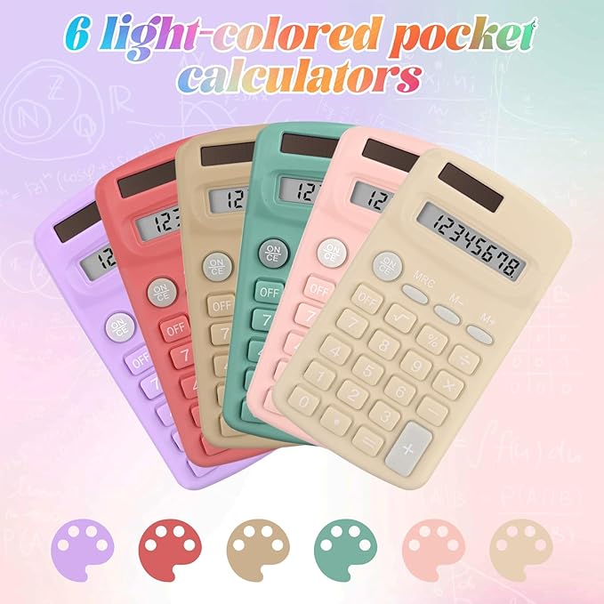 Tellegloww 36 Pcs Pocket Size Basic Calculators Bulk for Classroom Solar Battery Dual Power Display Calculator 8 Digit Colored Basic Calculator for Kids Student School Office