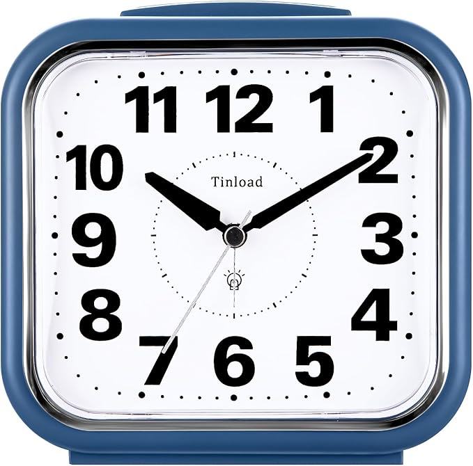 Tinload 5.5" Large No Ticking Analog Alarm Clock,Silent Readable for Seniors,Easy to Set,Gradual Rise Alarm,Big Numbers,Gentle Wake,Snooze, Lighted on Demand,Battery Operated,Blue