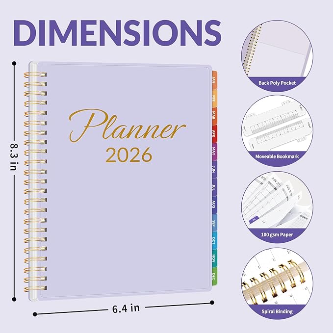 GNL 2026 Planner, Weekly ＆ Monthly Planner 2026, JAN. 2026 – DEC. 2026, 6.4" x 8.3" Monthly Agenda Planner with Tabs, Waterproof Flexible Cover, Spiral Binding, Double-sided Pocket, Bookmark, Purple