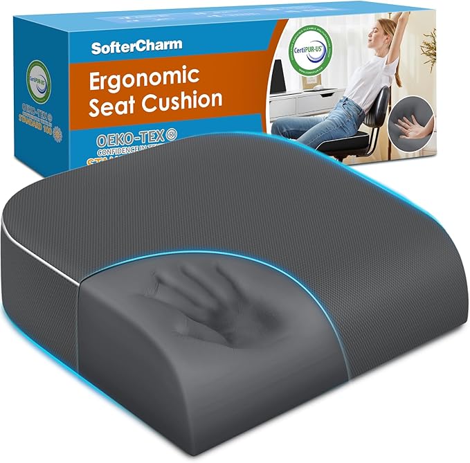 SofterCharm Seat Cushion, Memory Foam Office Chair Cushions for Long Sitting Hours, Chair Pad for Sciatica, Coccyx, Tailbone, Hip Pain & Pressure Relief, Office, Home, Car Seats,Airplane, Gray/X-Large