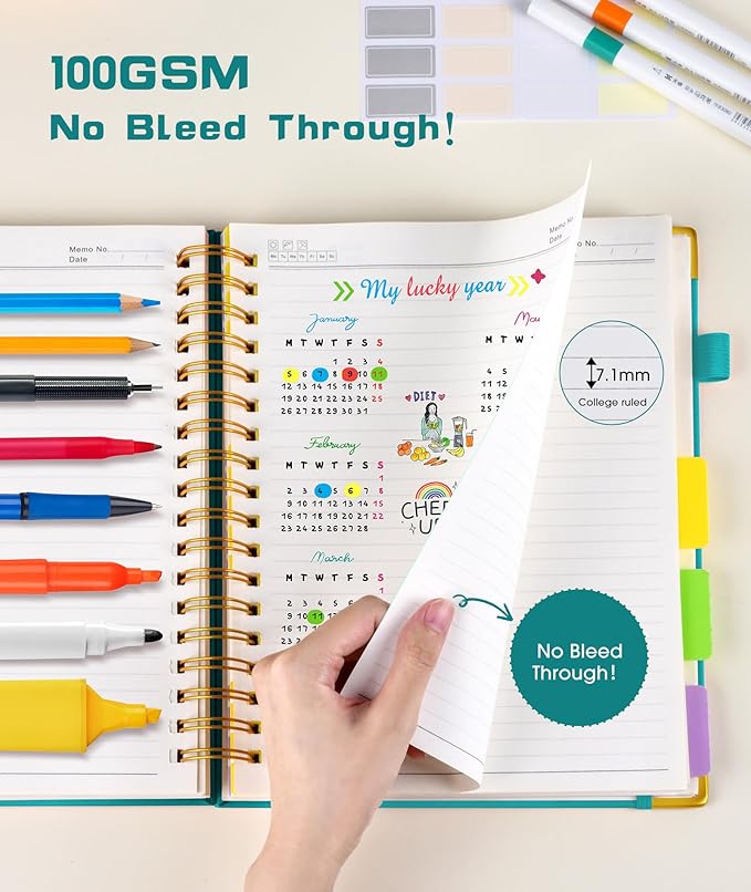 Hardcover Spiral Notebook Journal with Removable Dividers Tabs, 300 Pages Leather 5 Subject Notebook College Ruled, 8"x10" Large B5 Notebooks for Work School Note taking, Lined Journal for Women, Blue