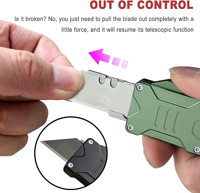 Caressolove Folding Utility Knife For Men, Double Action Auto Retractable Knife, EDC Self Retracting Box Cutter With Belt Clip, Assisted Opening Automatic Knife Push Button With 10pcs Extra Blades