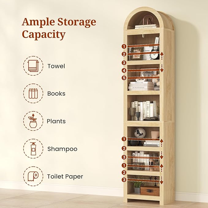 UPOSOJA 76" Tall Narrow Arched Bookcase,7-Teir Mid-Century Modern Bookshelf,Adjustable Shelves offering More Storage Space for Living Room,Kitchen,Home Office,Oak