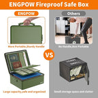 ENGPOW Fireproof Document Box, Hard Fireproof Box with Fireproof Zipper＆Lock, 6400°F Heat Insulated Fireproof Water Resistant File Organizer Storage Box Safe for Important Documents,Valuable,Green