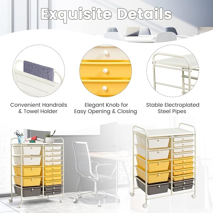 GLACER 15 Drawers Rolling Cart, Storage Cart with w/Removable Drawers & Steel Frame, Multipurpose Organizer Cart w/Sleek Handle, Utility Cart on Lockable Wheels for Home, School, Office (Yellow)