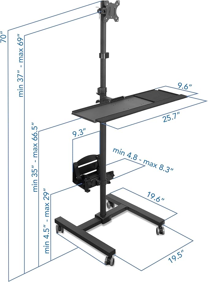 Mount-It! Rolling Computer Cart on Wheels, Mobile Desk Workstation with Monitor Mount for up to 32" Screen, Full Keyboard Tray, Floating Adjustable CPU Holder, Standing up to 70" Tall