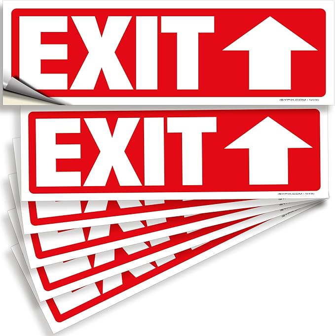 iSYFIX Exit Signs Stickers 6 Pack 12x4 Inch - Laminated Premium Vinyl Directional Up Arrow Signs for Buildings, Office, Workplace, Stores, Schools, Theaters, Parking, Restaurants, Factories