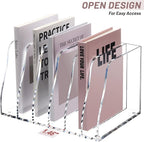 SANRUI Acrylic File Organizer, Compact Desk Organizer for Folders, Binders, Notebooks, Envelopes, Vertical Binder Storage Organizer, 6 Section Bookshelf for School Home Office Organization