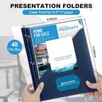 Teling 48 Pcs Clear Front Report Covers with 3 Prongs, Plastic Navy Blue Presentation Folders Bulk with 3 Pockets for A4 and Letter Size Paper, 90 Sheet Capacity, Document Covers for School Business