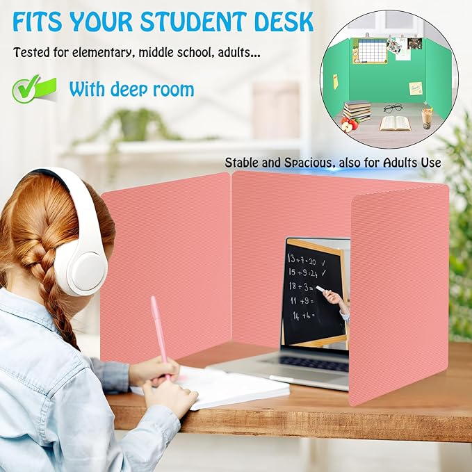 Colorful 24-Pack Desk Dividers for Students, Durable Plastic Study Carrel Divider, Easy to Clean Privacy Classroom Shield Folder Boards for Student Desk Pink Orange Blue Green