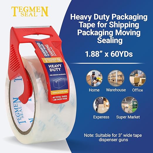 TegmenSeal Heavy Duty Clear Packing Tape with Dispenser Combo for Shipping, Moving & Storage,Thicker Clear Packing Tape, 1.88 inches Wide, 60 Yards Per Roll, 6 Pack 360 Total Yards