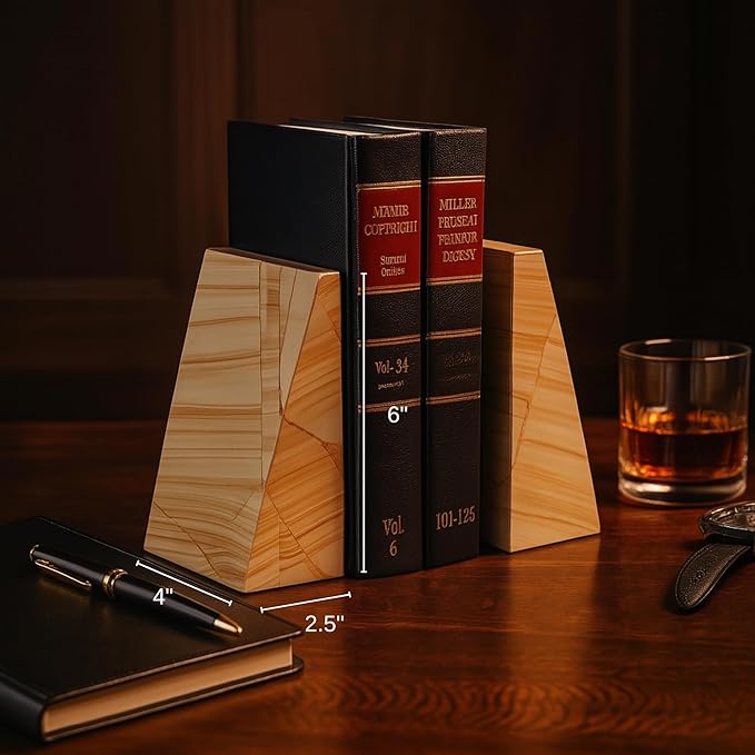 Bey-Berk Fraser Sand Marble Bookends (Natural), 4" x 2.5" x 6" Wedge Book Ends, 6.25 lb Solid Stone Shelf and Desk Decor