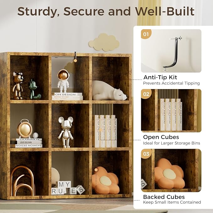 COMHOMA 9 Wood Cube Storage Organizer with Open Back and Removable Back Panels, 11In Brown Cube Storage Bookshelf, Cubicle Shelf Bookcase for Home Office Bedroom Living Room, Vertical or Horizontal