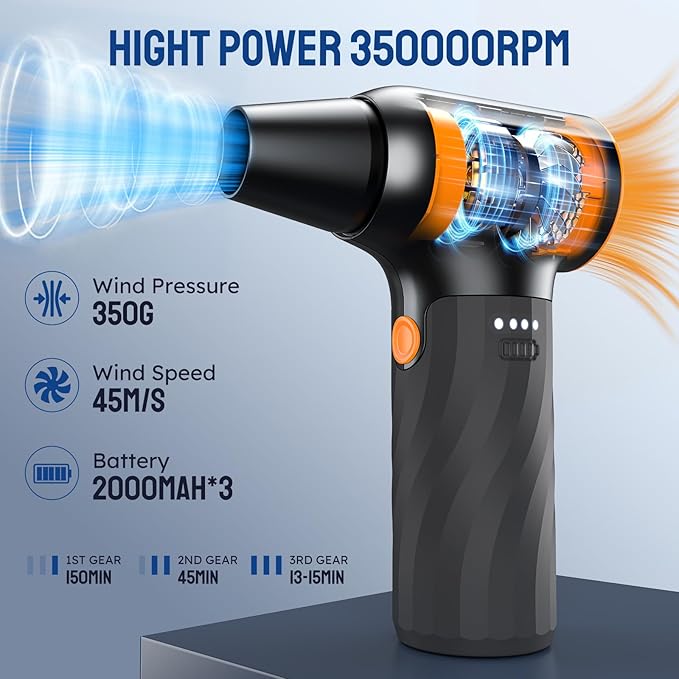Compressed Air Duster, 260000RPM Cordless Electric Air Blower with Brushless Motor, 3-Speed Adjustable & Rechargeable – Powerful Dust Cleaner for Keyboard, Computer, Car, Outdoor, Air Bed