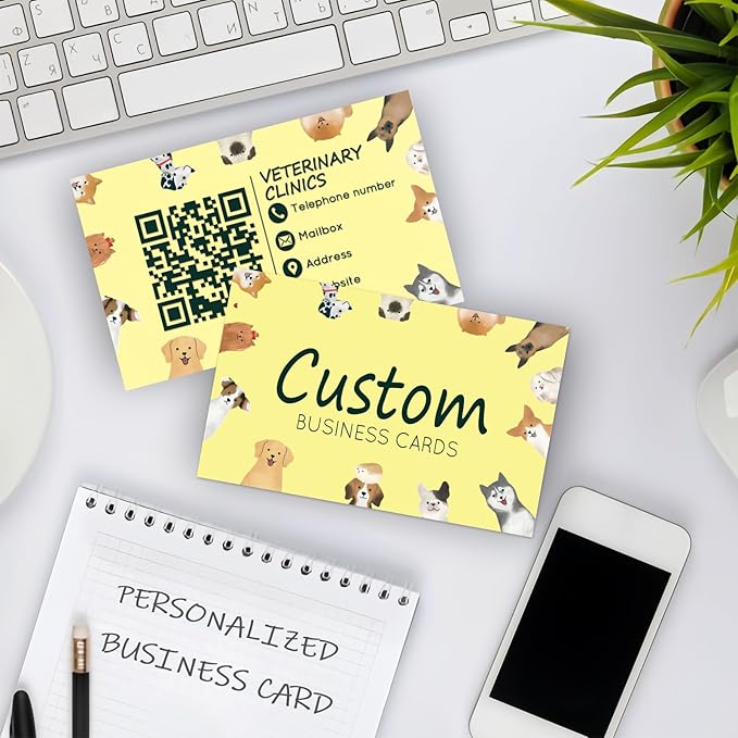 Custom Business Cards - Customizable Logo/Text/QR Code, 300gsm Matte Paper Front & Back Sides Printed, for Pet Shop, Dogs, Cats