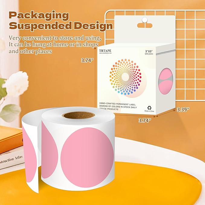 3 Inch Round Color Coding Labels (500 per Roll) - Colored Dot Stickers Round Labels for Inventory, Warehouse, Office Organizing - Pink Circle Stickers
