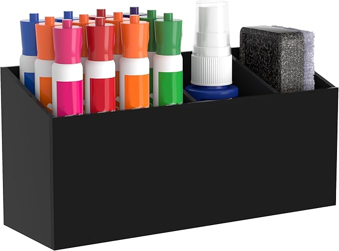 HBlife Magnetic Dry Erase Marker Holder for Whiteboard with 3 Compartments, Acrylic Wall Mount Magnet Pen Pencil Holder for Refrigerator, Locker Organizer Accessories for Classroom Office, Black