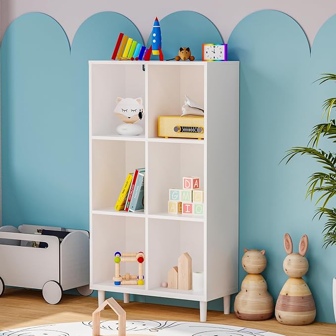 Chyanmoo Wood Cube Storage Organizer White Bookshelf - 3-Tier Freestanding Storage Cabinet with Legs for Home Office, 6-Cubes Open Shelf