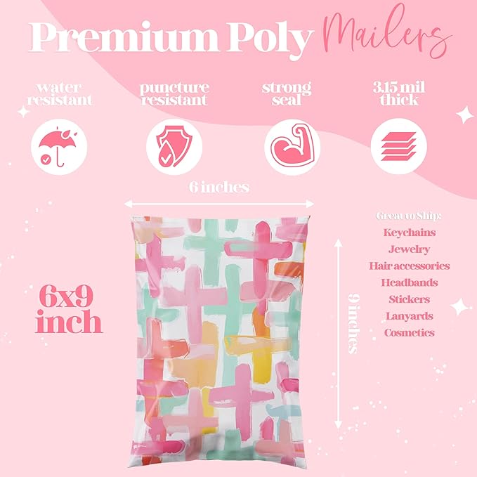 Pretty Package Store 6x9 Designer Poly Mailer 100 Pack Heavy Duty Waterproof Self Seal Shipping Bags for Small Business Large Mailing Envelopes Bulk Tear Resistant Packaging Pastel Cross Faith