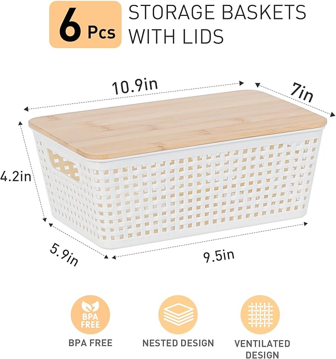 Anywish Small Storage Bins with Lids 6 Packs, Plastic Storage Basket with Bamboo Lid for Pantry Organization and Storage Containers for Shelves Drawers Desktop Closet Playroom Office Home, White