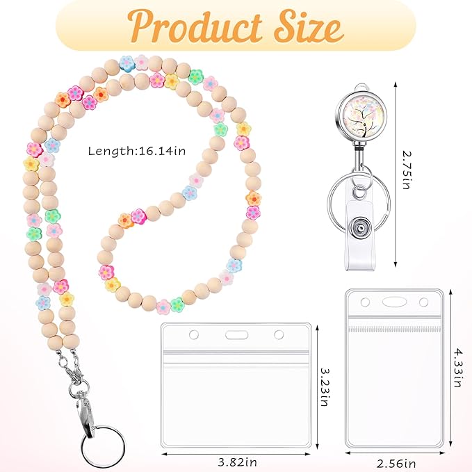 Teacher Lanyard with ID Holder Flower Cute Wooden Beaded Lanyards for ID Badge Holders Retractable Badge Reel Keys Eyeglass Chains for Women
