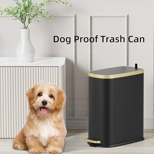 KUK Small Bathroom Trash Can with Lid Soft Close, Step Pedal, 2.6 Gal Stainless Steel Garbage Can with Removable Inner Bucket, Anti-Fingerprint Wastebasket for Office, Bedroom, Toilet (Black)