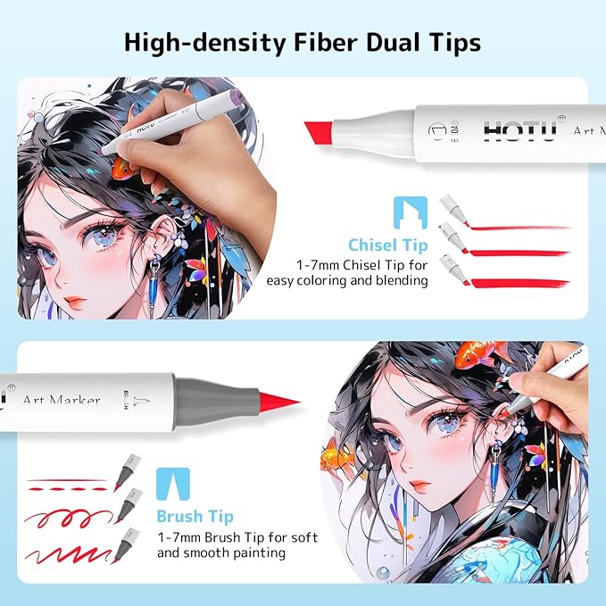 HOTU Alcohol Markers Brush Tip -60 Virant Colors Daul Tips Art Markers Set, for Artist Adults Coloring Illustrations, with Seamless Blending, Colorless Blender, Anti-Bleeding Pad, &Premium Ink