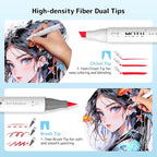 HOTU Alcohol Markers Brush Tip -60 Virant Colors Daul Tips Art Markers Set, for Artist Adults Coloring Illustrations, with Seamless Blending, Colorless Blender, Anti-Bleeding Pad, &Premium Ink