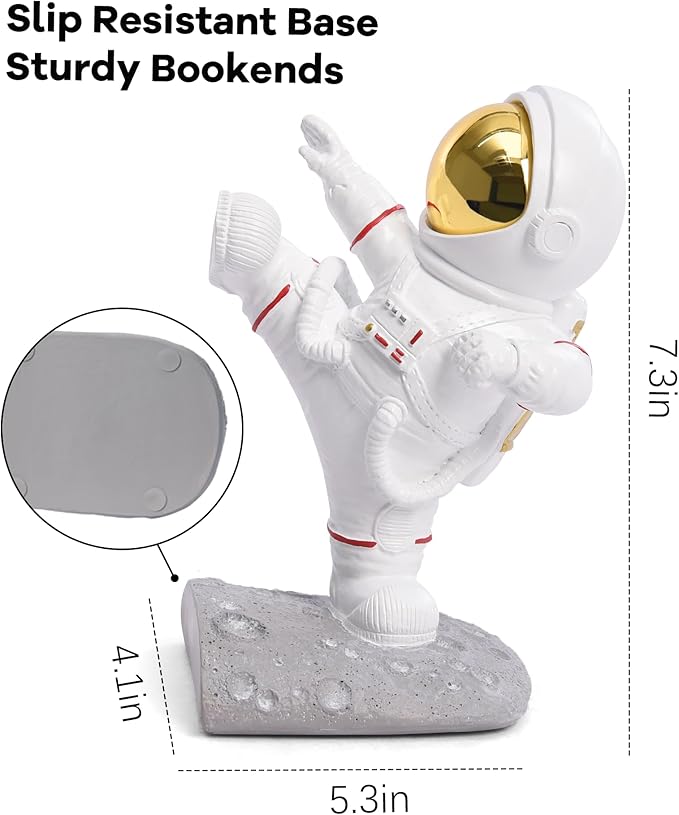 Kakizzy Book Ends for Shelves Decorative, Upgraded Astronaut Bookshelf Stopper Resin Book Shelf End Holders Heavy Duty Bookends for Kids Gifts Cute Spaceman Book Ends for Space Decor(F2-Gold)