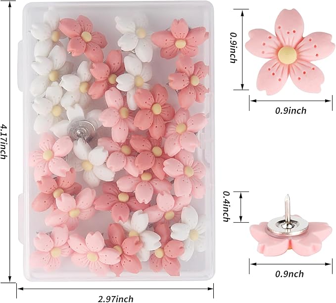 30pcs Decorative Flower Push Pins - Pink Thumb Tacks for Cork Board, Photo Wall, Feature Wall, Map, Bulletin Board, Office or Home