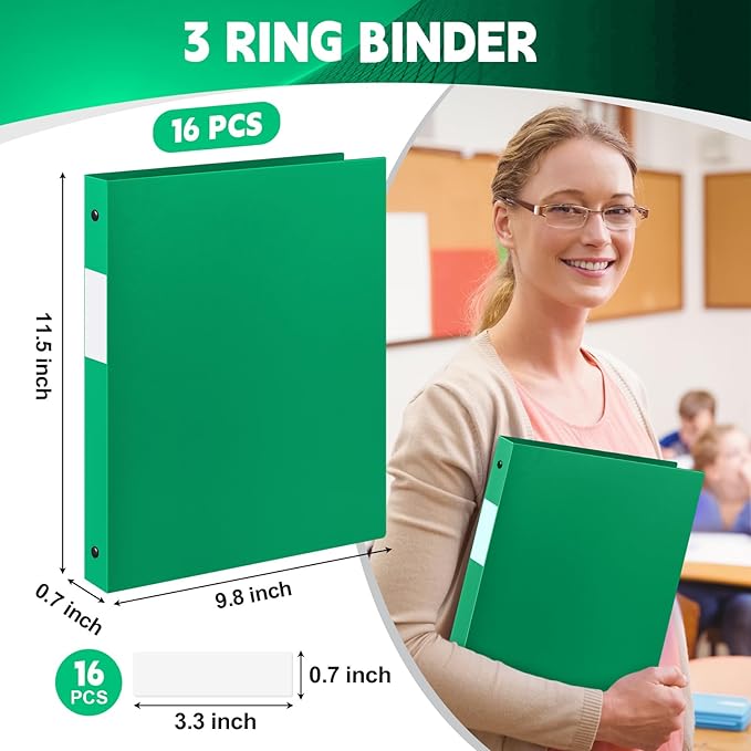 Henoyso 16 Pcs 3 Ring Binder 0.5 Inch Round Fits Letter Size 8.5'' x 11'' Paper Plastic Flexible Binder Bulk Holds 140 Sheets with 1 Pockets Versatile Organizer for Home Office School (Green)