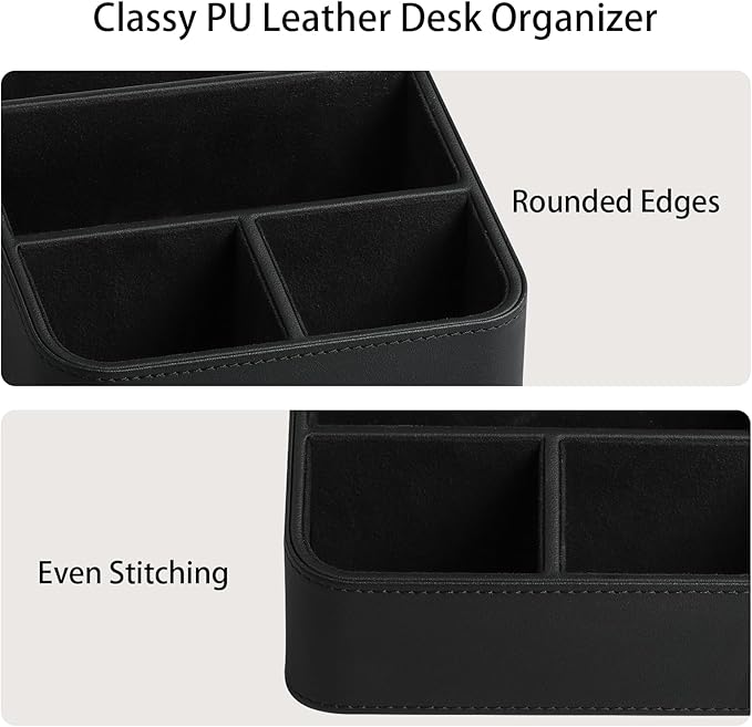 MEIBOOCH Remote Control Holder, PU Leather Small Desk Organizer with 4 Compartments, Nightstand Organizer Desk Caddy for Remote, Notepad, Phone, Glasses, and Accessories (Black)